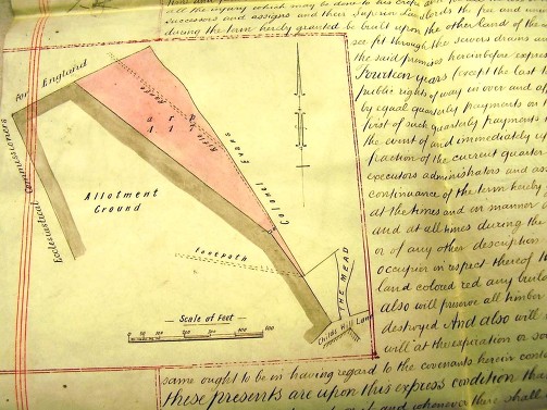 Plan included in the lease between the Ecclesiastical Commissioners and a local tenant showing the area proposed for the allotment site. The lower part of the rifle range can be seen marked in red. (Courtesy of London Borough of Barnet)