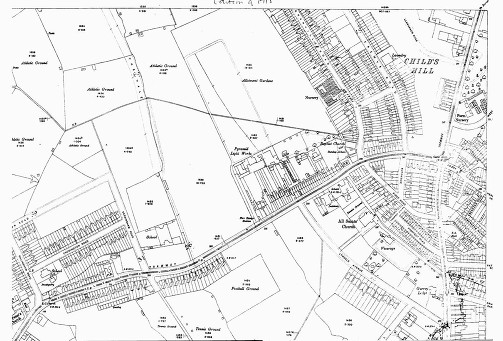 Detail from Ordnance Survey map, Middlesex sheet XI 15, edition of 1915. The Mead has now become Granville Road, there is no rifle range, and what was Child’s Hill Lane is Cricklewood Lane and includes a tramway. There is, however, no Hendon Way or The Vale. (Courtesy of Barnet Local Studies)