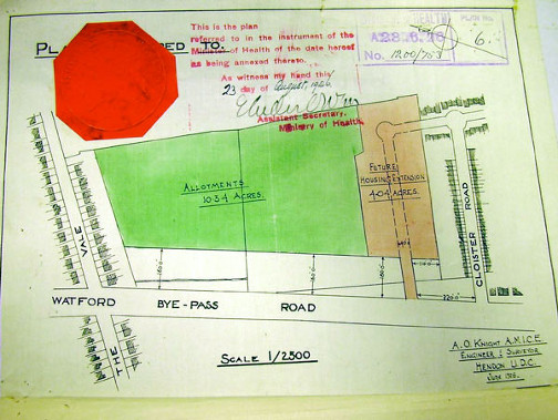Plan dated August 23rd 1926 attached to “Consent to the Appropriation of Land” drawn up under the terms of the 1925 Housing Act. (Courtesy of London Borough of Barnet) (Click on image to enlarge)